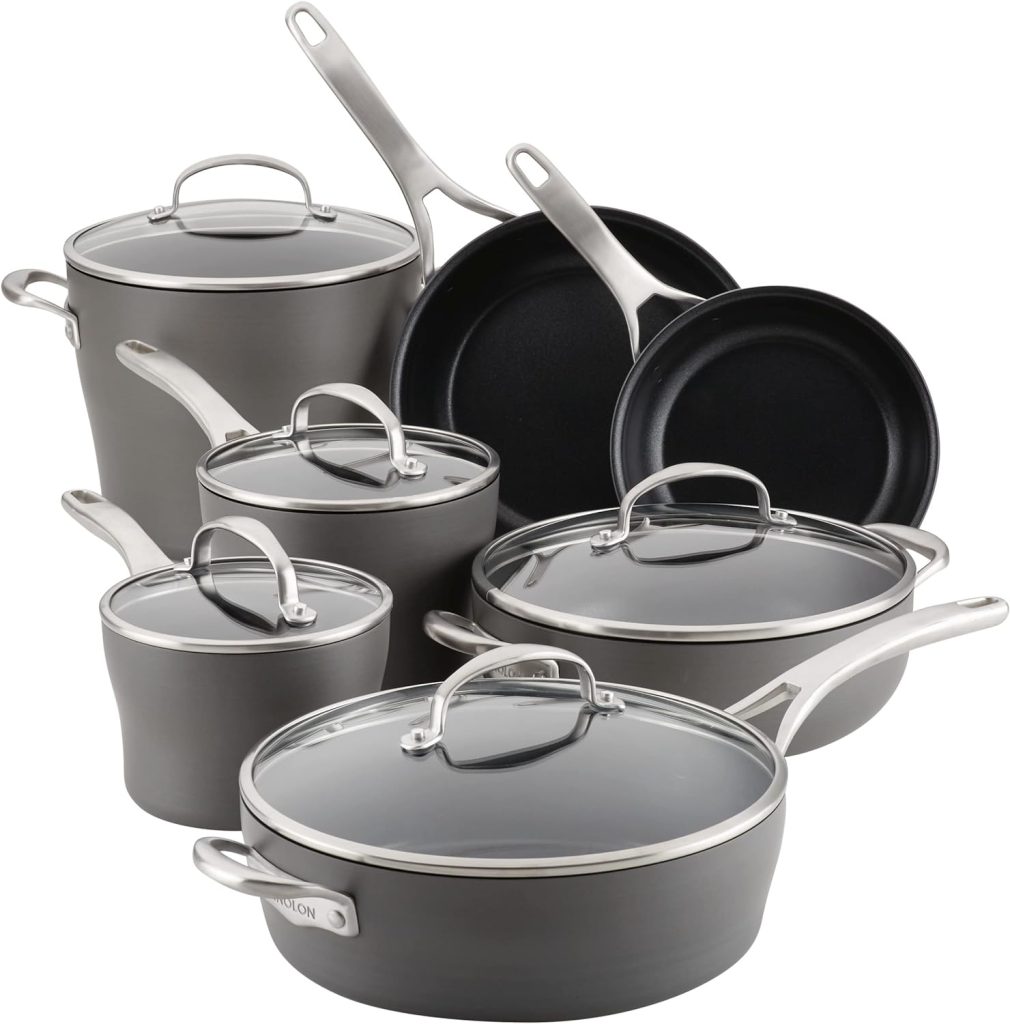 Anolon Allure Hard Anodized Nonstick Cookware Pots and Pans Set, 12 Piece, Dark Gray