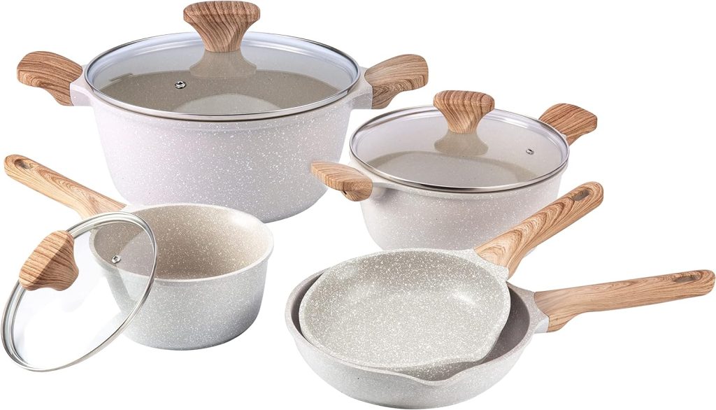 Country Kitchen Nonstick Induction Cookware Sets - 8 Piece Nonstick Cast Aluminum Pots and Pans with BAKELITE Handles - Non-Toxic Pots and Pans- Speckled Cream with Light Wood Handles