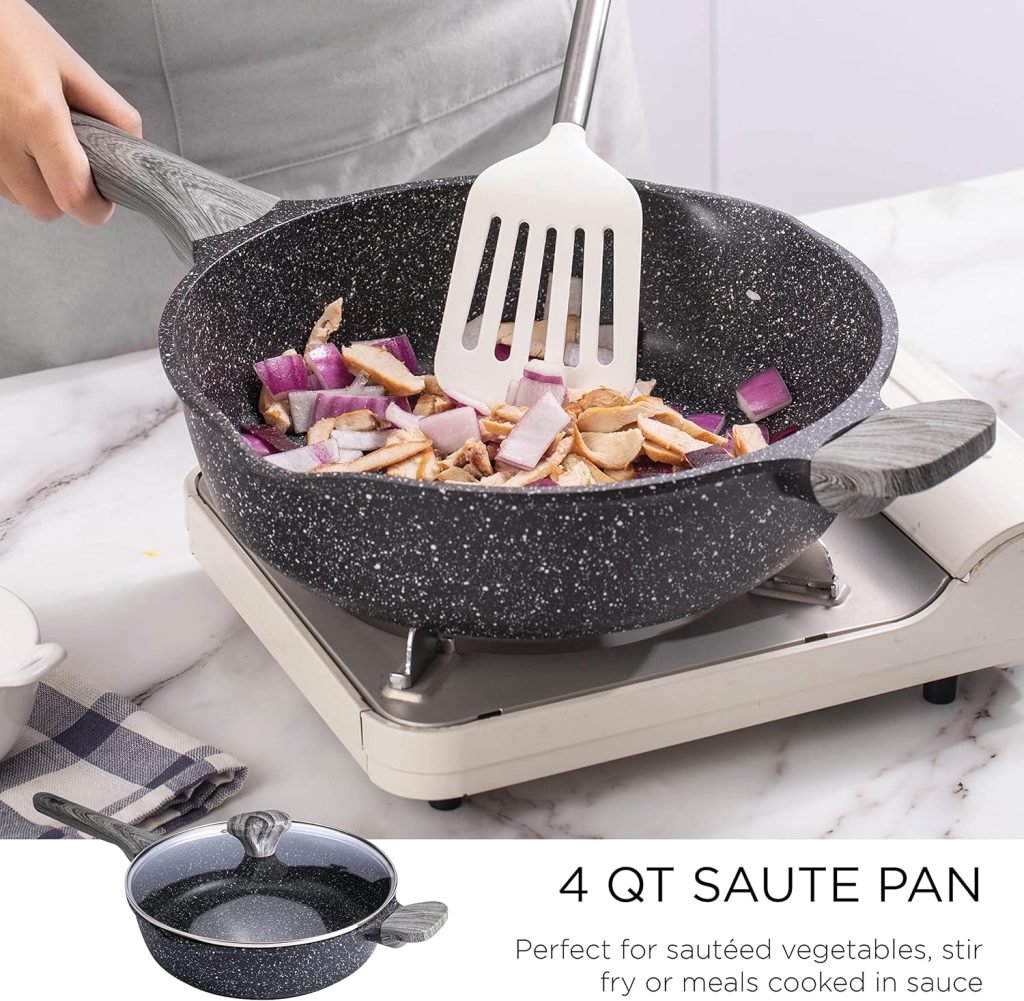 Country Kitchen Nonstick Induction Cookware Sets - 8 Piece Nonstick Cast Aluminum Pots and Pans with BAKELITE Handles - Non-Toxic Pots and Pans- Speckled Cream with Light Wood Handles