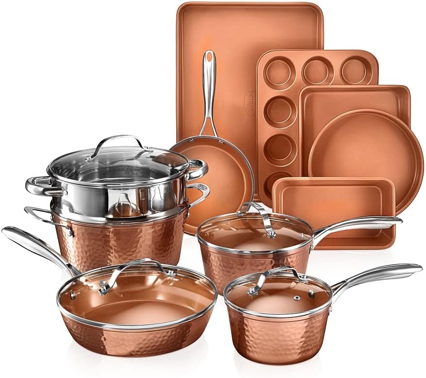 Gotham Steel 15 Pc Hammered Copper Pots and Pans Set Nonstick Cookware Set, Pot and Pan Set, Kitchen Cookware Sets, Non Toxic Cookware Set with Lids, Pot Set, Dishwasher / Oven Safe, 100% Toxin Free