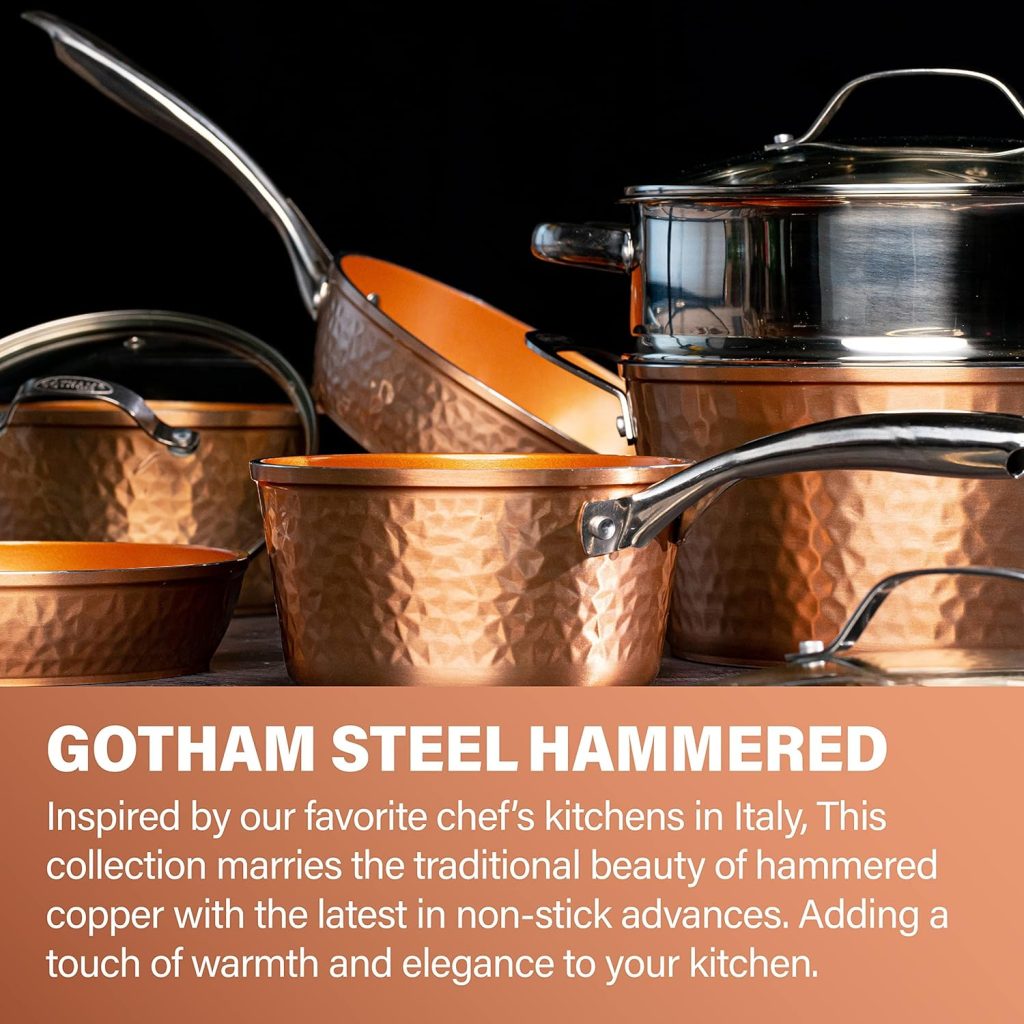 Gotham Steel 15 Pc Hammered Copper Pots and Pans Set Nonstick Cookware Set, Pot and Pan Set, Kitchen Cookware Sets, Non Toxic Cookware Set with Lids, Pot Set, Dishwasher / Oven Safe, 100% Toxin Free