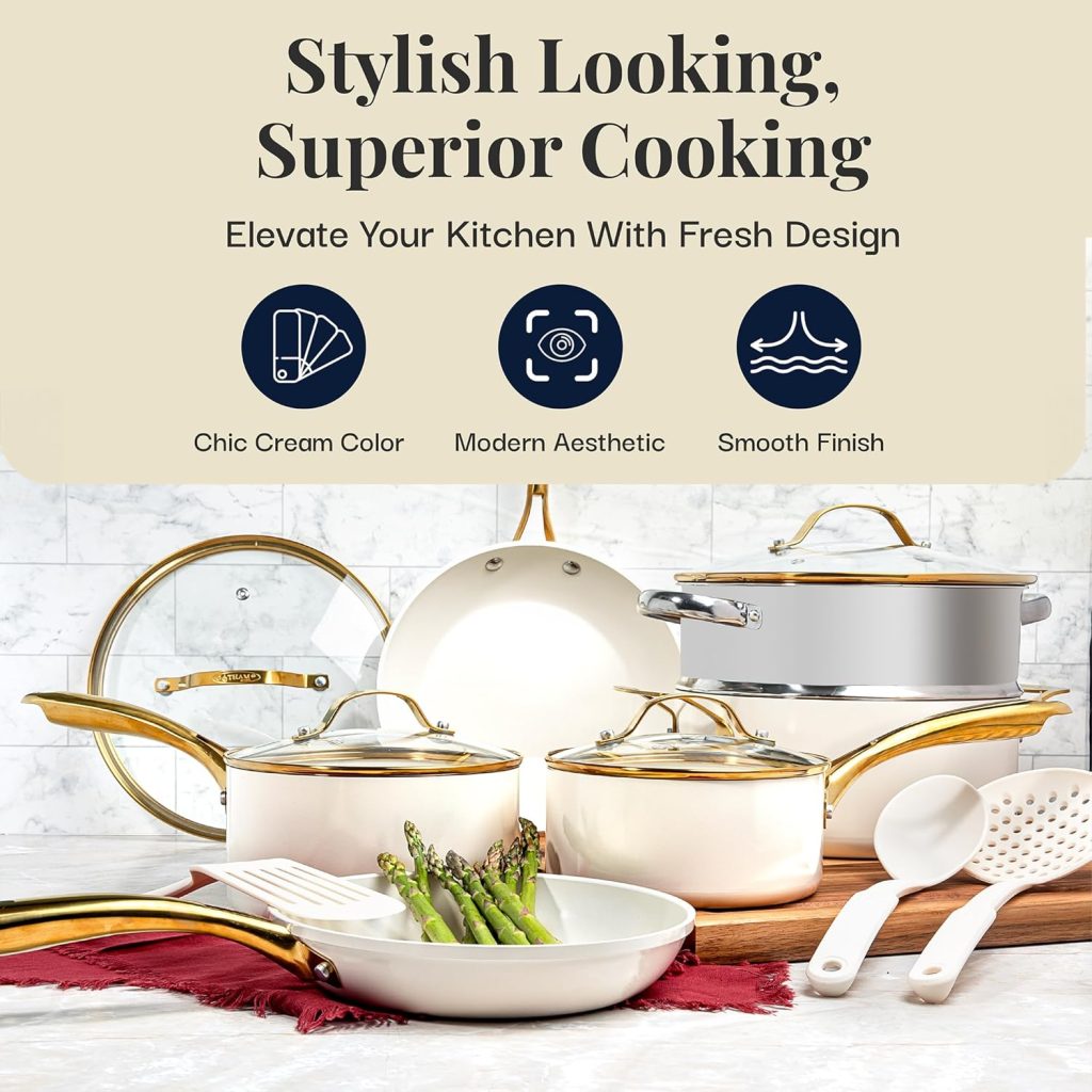 Gotham Steel 15 Pc Pots and Pans Set Non Stick Cookware Set, Pot and Pan Set, Kitchen Cookware Sets, Ceramic Cookware Set, Nonstick Cookware Set, Pot Set, Dishwasher Safe, Non Toxic, Cream White