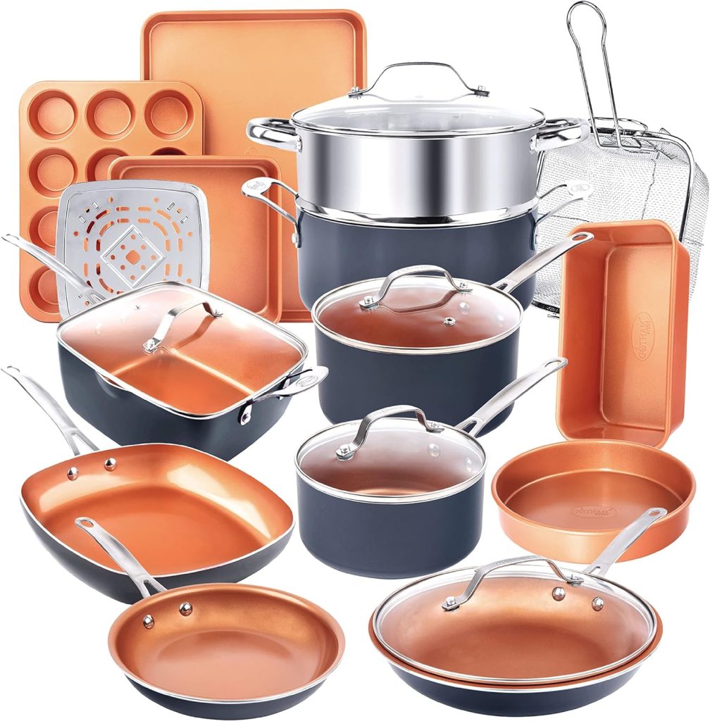 Gotham Steel 20 Pc Copper Pots and Pans Set Nonstick Cookware Set, Pot and Pan Set, Kitchen Cookware Sets, Ceramic Cookware Set, Ceramic Non Stick Pots and Pans Set with Lids, Pot Set, Dishwasher Safe