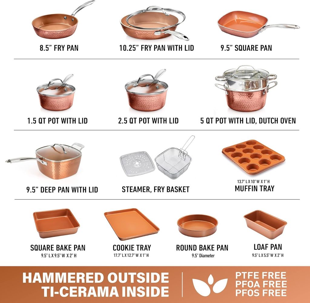 Gotham Steel Hammered Copper Collection – 20 Piece Premium Pots and Pans Set Nonstick Ceramic Cookware + Bakeware Set for Kitchen, Induction/Dishwasher/Oven Safe, Healthy and Non Toxic
