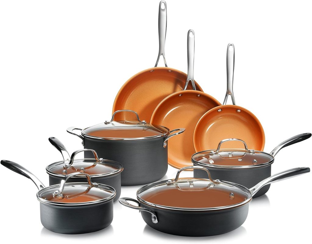 Gotham Steel Pro 13 Pc Ceramic Pots and Pans Set Nonstick Cookware Sets Pot and Pan Set, Kitchen Cookware Sets, Ceramic Cookware Set, Hard Anodized Cookware Set, Pot Set, Dishwasher Safe, Copper