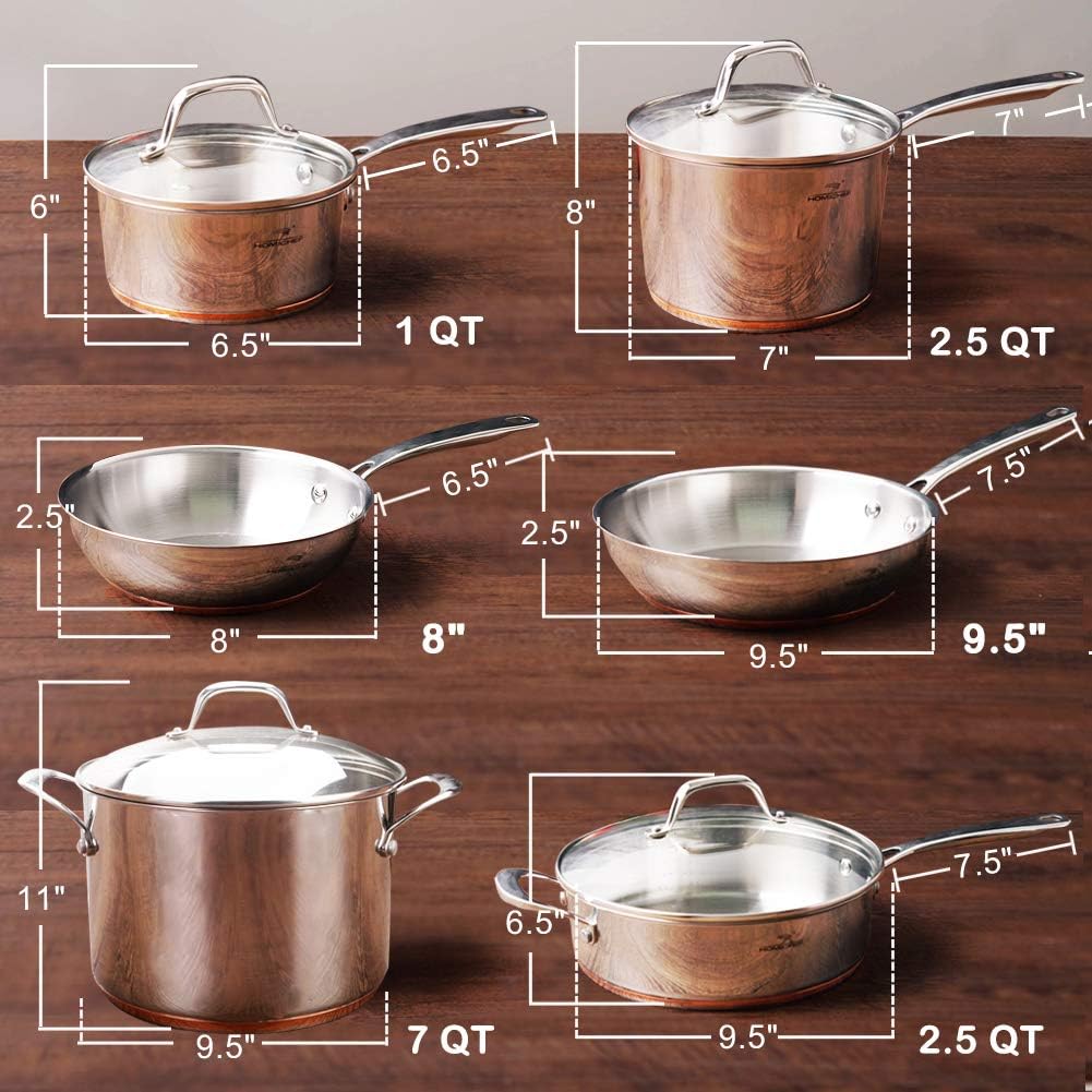 HOMICHEF 10-Piece Nickel Free Stainless Steel Cookware Set Copper Band - Nickel Free Stainless Steel Pots and Pans Set - Healthy Cookware Set Stainless Steel - Non-Toxic Induction Cookware Sets