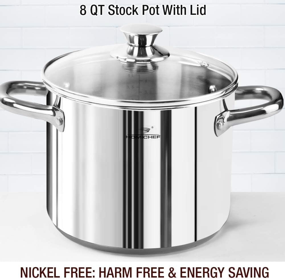 HOMICHEF 14-Piece Nickel Free Stainless Steel Cookware Set - Nickel Free Stainless Steel Pots and Pans Set - Stainless Steel Non-Toxic Cookware Set - Stainless Steel Healthy Induction Cookware Sets