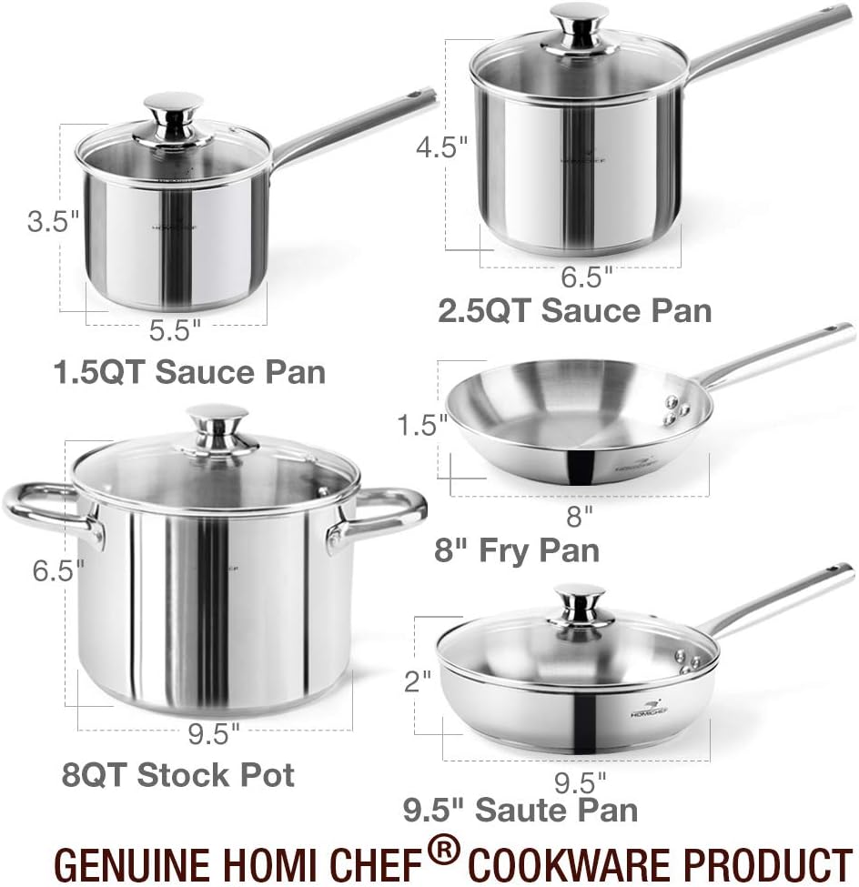 HOMICHEF 14-Piece Nickel Free Stainless Steel Cookware Set - Nickel Free Stainless Steel Pots and Pans Set - Stainless Steel Non-Toxic Cookware Set - Stainless Steel Healthy Induction Cookware Sets