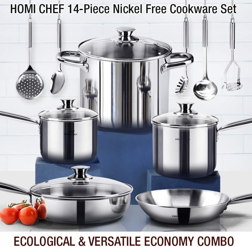 HOMICHEF 14-Piece Nickel Free Stainless Steel Cookware Set - Nickel Free Stainless Steel Pots and Pans Set - Stainless Steel Non-Toxic Cookware Set - Stainless Steel Healthy Induction Cookware Sets