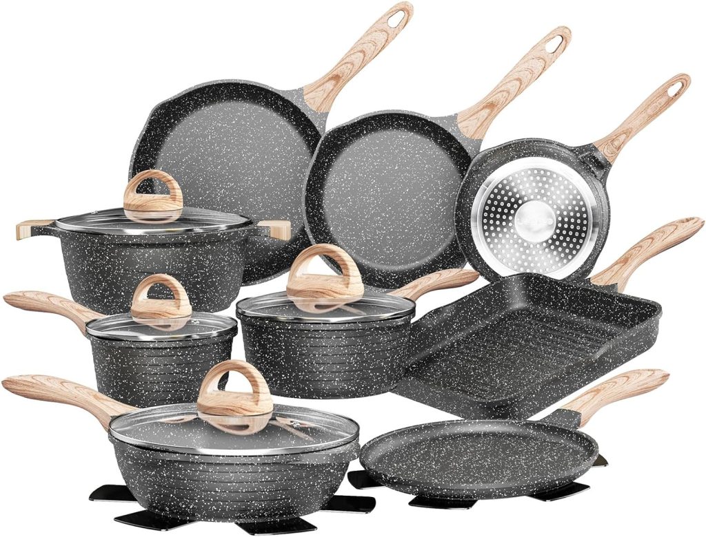 JEETEE Kitchen Pots and Pans Set Nonstick, Induction Granite Coating Cookware Sets with Frying Pan, Saucepan, Sauté Pan, Griddle Pan, Crepe Pan, Cooking Pots, PFOA Free, (Grey, 20pcs Set)