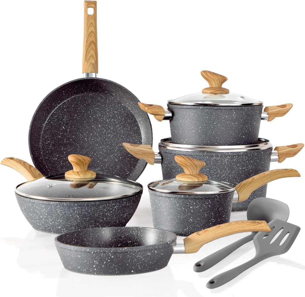 Kitchen Academy Induction Cookware Sets - 12 Piece Gray Cooking Pan Set, Granite Nonstick Pots and Pans Set