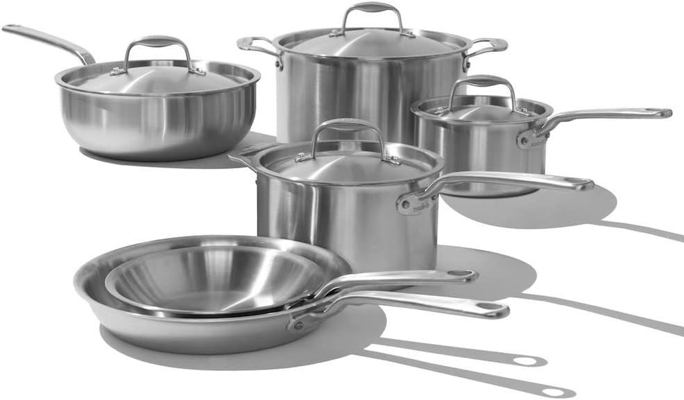 Made In Cookware - 10 Piece Stainless Steel Pot and Pan Set - 5 Ply Clad - Includes Stainless Steel Frying Pans, Saucepans, Saucier and Stock Pot W/Lid - Professional Cookware - Made in Italy