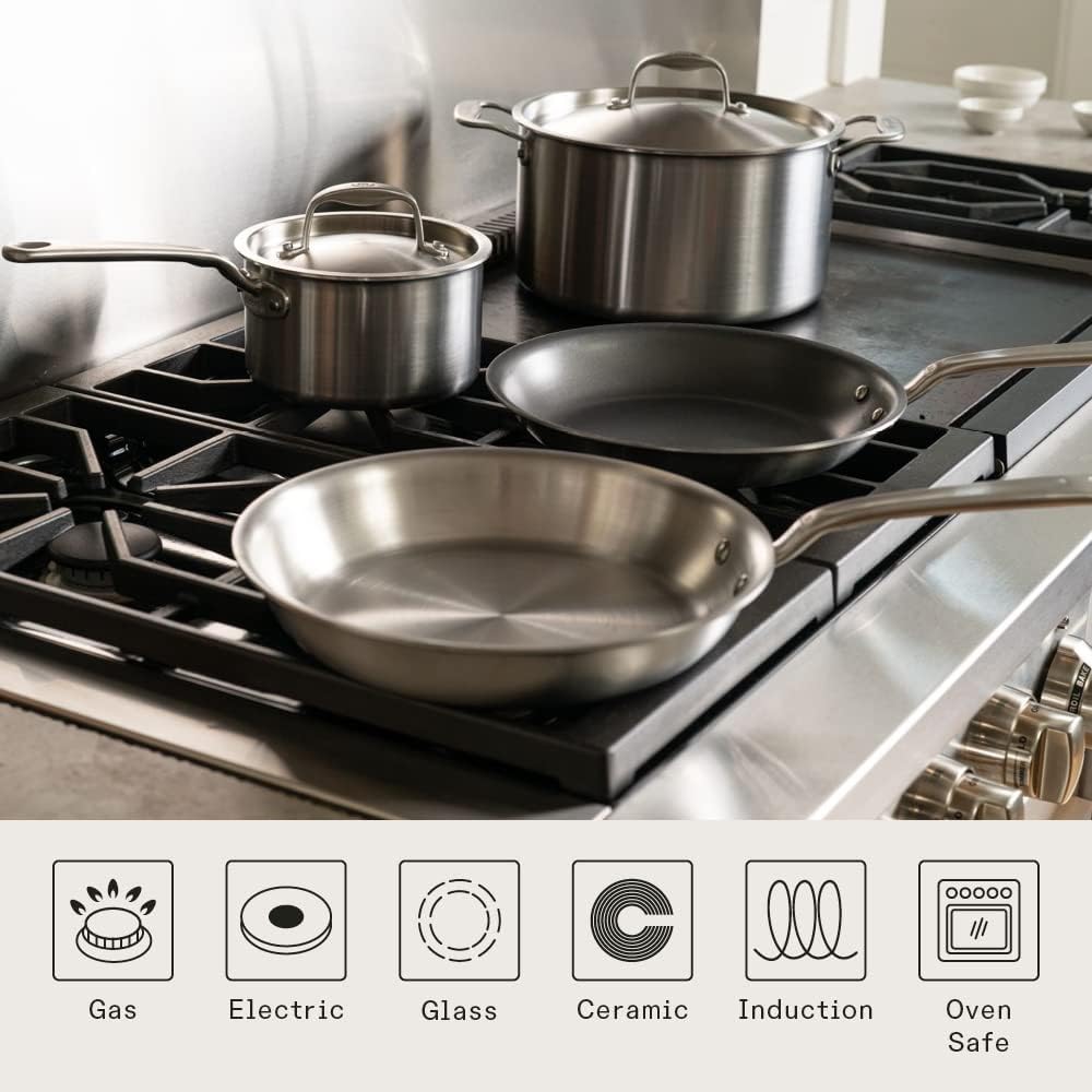 Made In Cookware - 10 Piece Stainless Steel Pot and Pan Set - 5 Ply Clad - Includes Stainless Steel Frying Pans, Saucepans, Saucier and Stock Pot W/Lid - Professional Cookware - Made in Italy