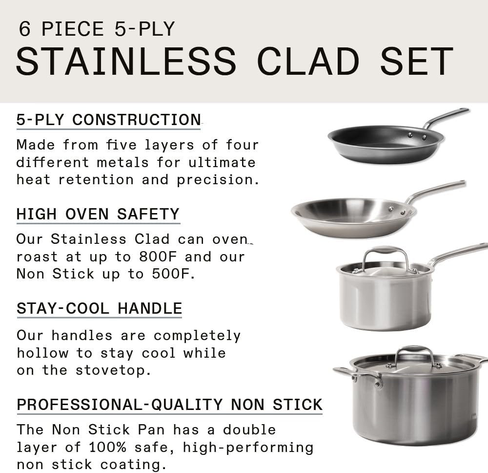 Made In Cookware - 10 Piece Stainless Steel Pot and Pan Set - 5 Ply Clad - Includes Stainless Steel Frying Pans, Saucepans, Saucier and Stock Pot W/Lid - Professional Cookware - Made in Italy