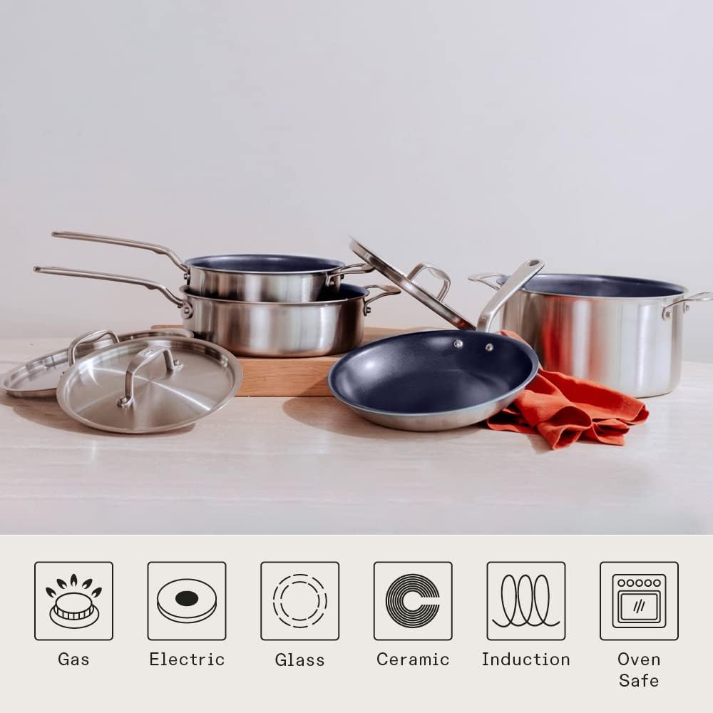 Made In Cookware - 10 Piece Stainless Steel Pot and Pan Set - 5 Ply Clad - Includes Stainless Steel Frying Pans, Saucepans, Saucier and Stock Pot W/Lid - Professional Cookware - Made in Italy