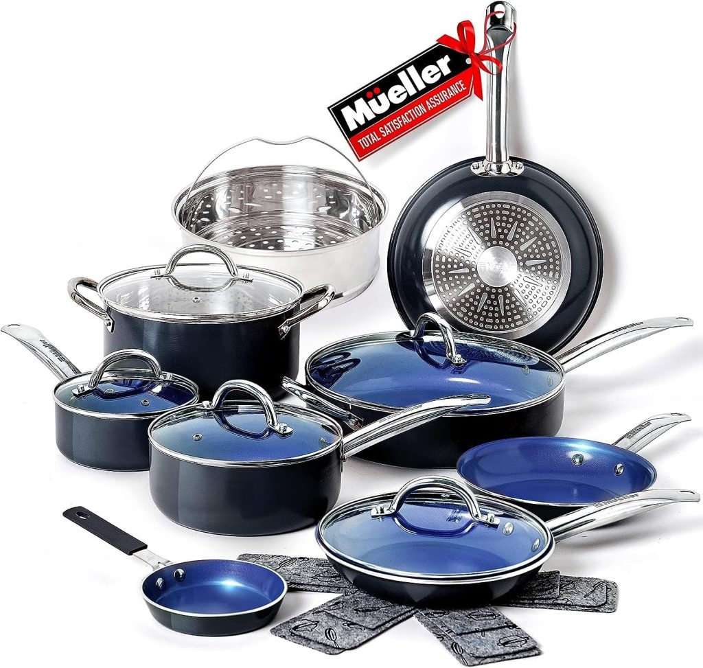 Mueller UltraClad Sapphire Pots and Pans Set Nonstick, 14 Piece Induction Cookware Sets, Aluminum Body, Includes Non Stick Deep Frying Pan, Sauce Pans for Cooking, Dutch Oven and More