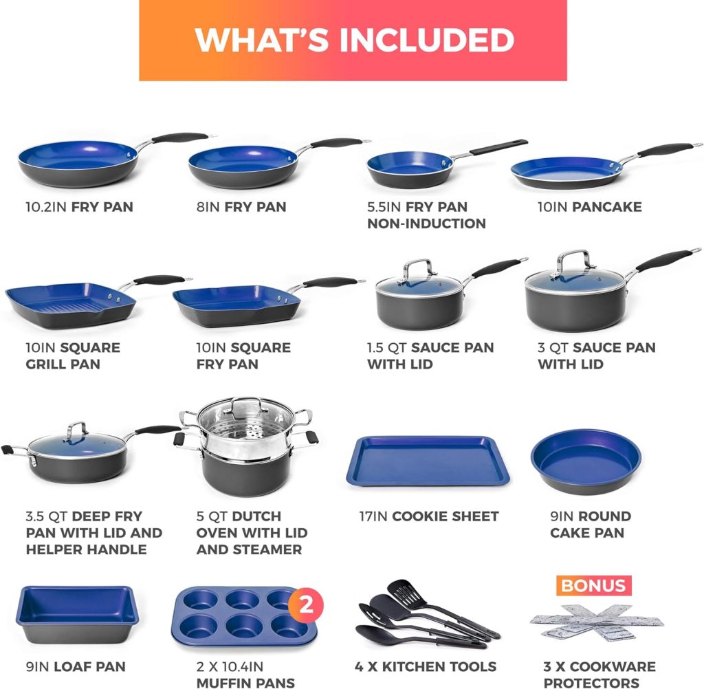 Mueller UltraClad Sapphire Pots and Pans Set Nonstick, 14 Piece Induction Cookware Sets, Aluminum Body, Includes Non Stick Deep Frying Pan, Sauce Pans for Cooking, Dutch Oven and More