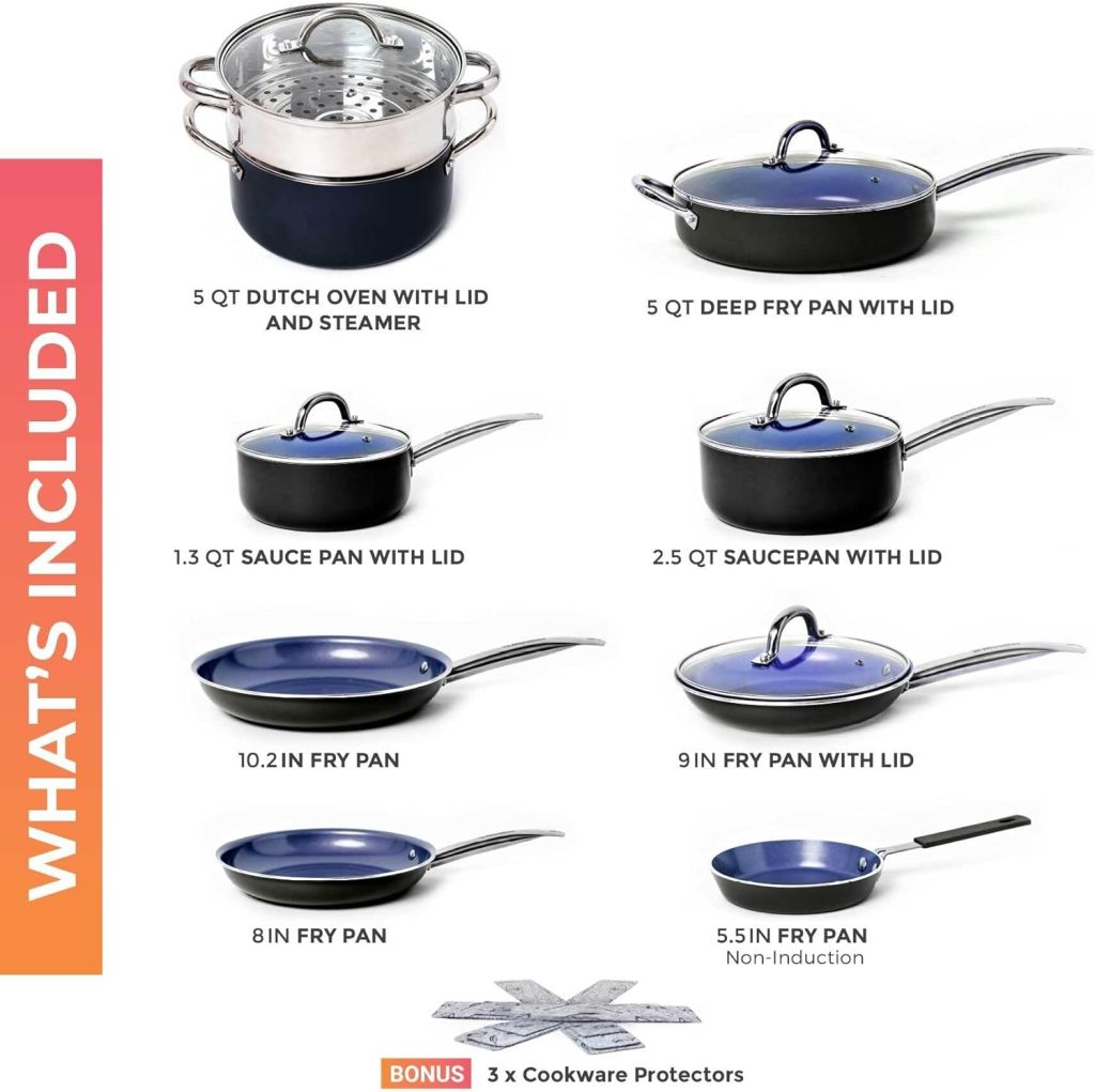 Mueller UltraClad Sapphire Pots and Pans Set Nonstick, 14 Piece Induction Cookware Sets, Aluminum Body, Includes Non Stick Deep Frying Pan, Sauce Pans for Cooking, Dutch Oven and More