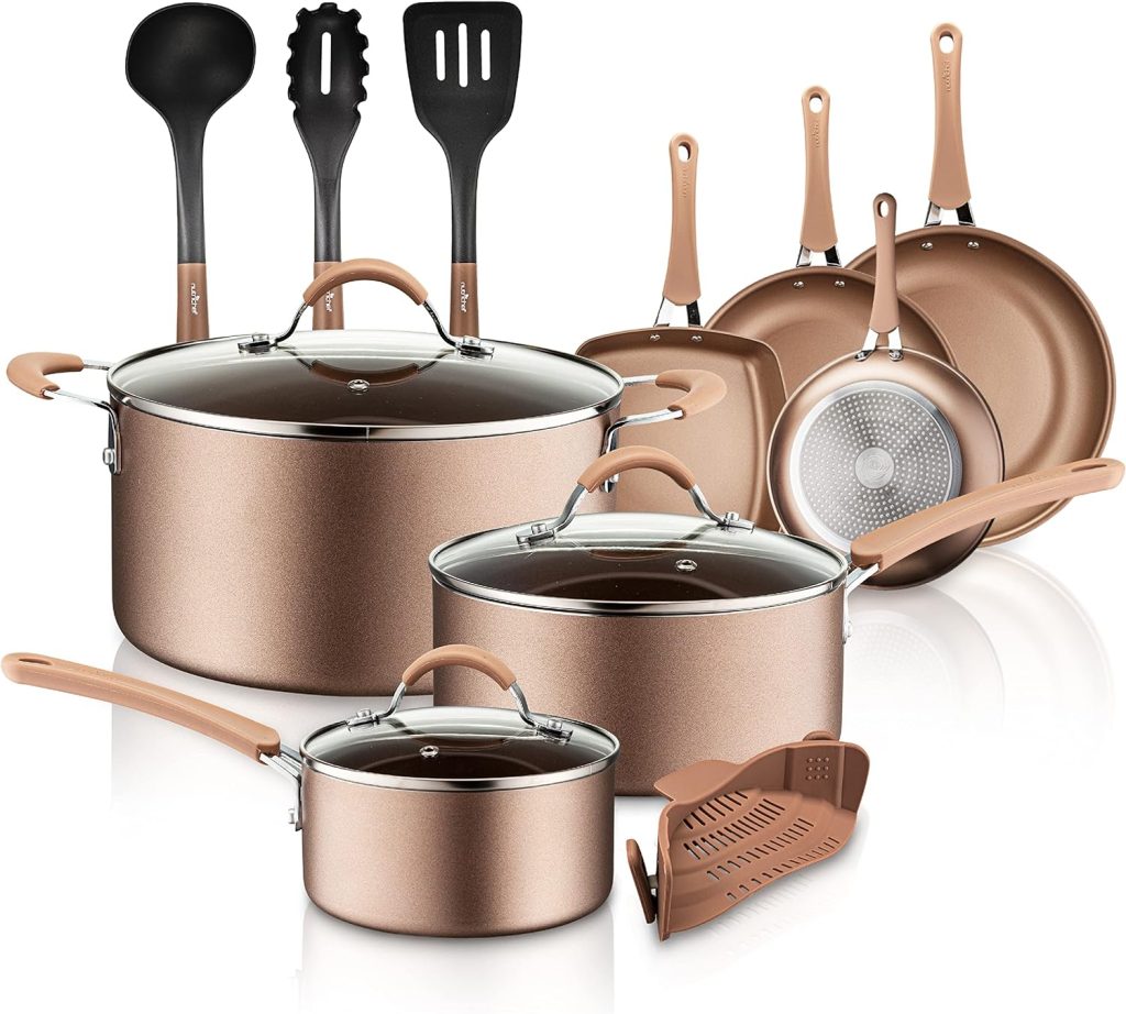 NutriChef 14-Piece Nonstick Cookware PTFE/PFOA/PFOS-Free Heat Resistant Lacquer Kitchen Ware Set w/Saucepan, Frying Pans, Cooking, Dutch Oven Pot, Lids, Utensil NCCW14S, AGold