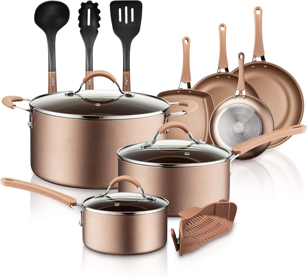 NutriChef PTFE/PFOA/PFOS 14-Piece Nonstick Kitchen Cookware, Set w/Saucepan, Frying Pans, Cooking Pots, Dutch Oven Pot, Lids, Utensil, Gold