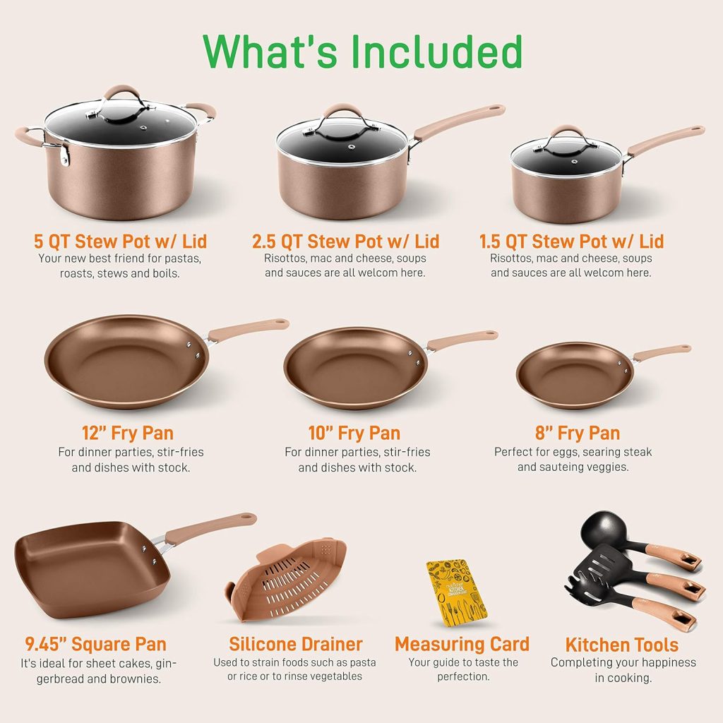 NutriChef PTFE/PFOA/PFOS 14-Piece Nonstick Kitchen Cookware, Set w/Saucepan, Frying Pans, Cooking Pots, Dutch Oven Pot, Lids, Utensil, Gold