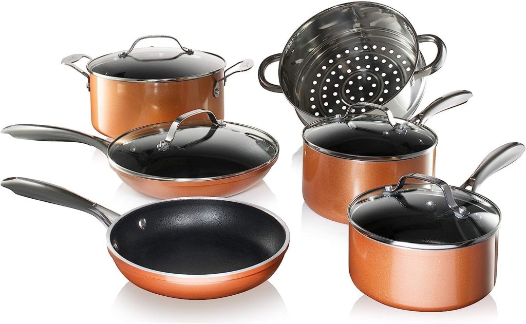 Gotham Steel 10 Pc Copper Pots and Pans Set Non Stick Cookware Set, Kitchen Cookware Sets, Pot and Pan Set, Pot Set, Non Toxic Cookware Set, Frying Pan Set, Dishwasher Safe