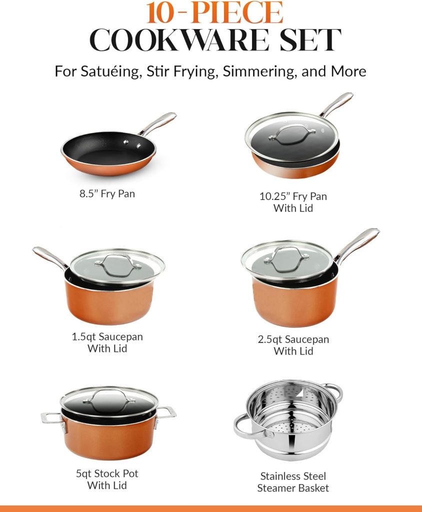 Gotham Steel 10 Pc Copper Pots and Pans Set Non Stick Cookware Set, Kitchen Cookware Sets, Pot and Pan Set, Pot Set, Non Toxic Cookware Set, Frying Pan Set, Dishwasher Safe