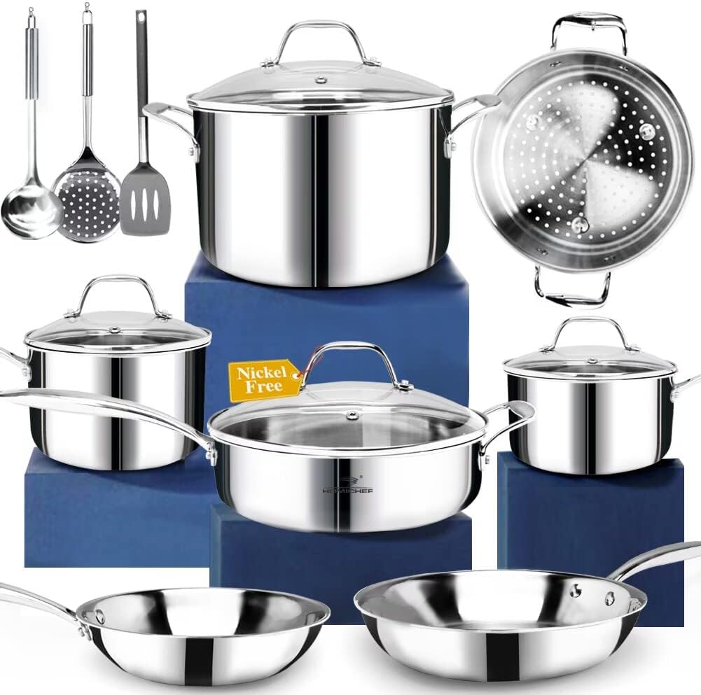 HOMICHEF 14-Piece Nickel Free Stainless Steel Cookware Set Whole-Clad 3-Ply - Mirror Polished Pots And Pans Set - Healthy Cookware Set With Steamer - Non-Toxic Induction Cookware Sets