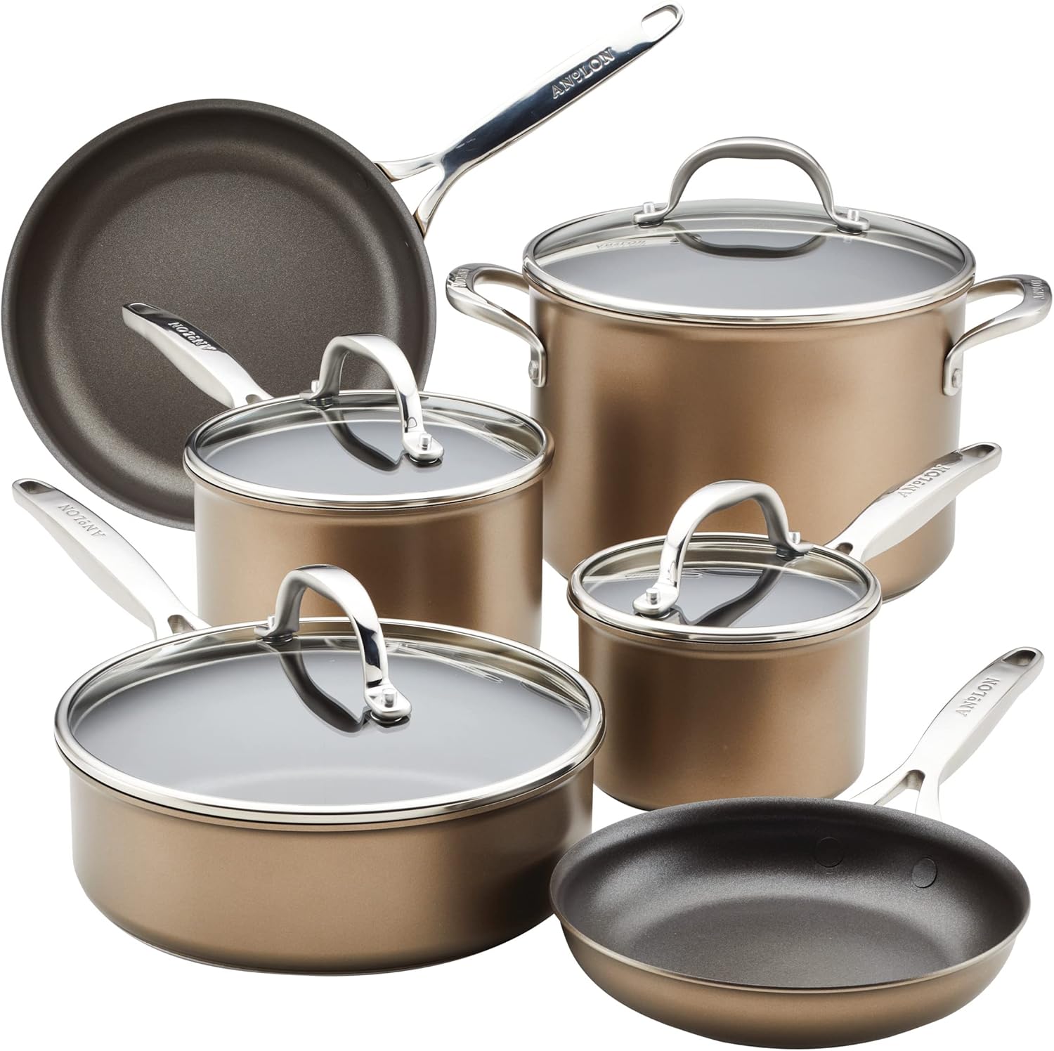 Anolon Ascend Hard Anodized Nonstick Cookware/Pots and Pans Set - Good for All Stovetops (Gas, Glass Top, Electric  Induction), Dishwasher  Oven Safe with Stainless Steel Handles, 10 Piece - Bronze