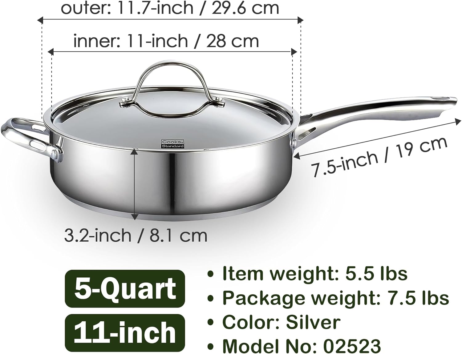 Cooks Standard 4-Quart Stainless Steel Sauté Pan with Lid, 10.5-inch Deep Frying Pan Induction Cookware, Oven Safe Large Skillet Jumbo Cooker with Stay-Cool Helper Handle