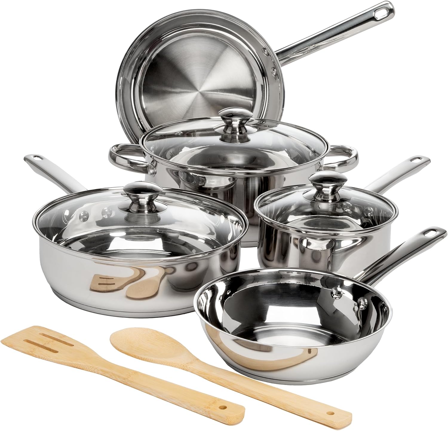 Ecolution Classic Stainless Steel Pots and Pans Set, Professional Quality, Encapsulated Base, Comfort Grip Riveted Handles, All Cooktop Safe, Oven Safe, Dishwasher Safe, 10-Piece