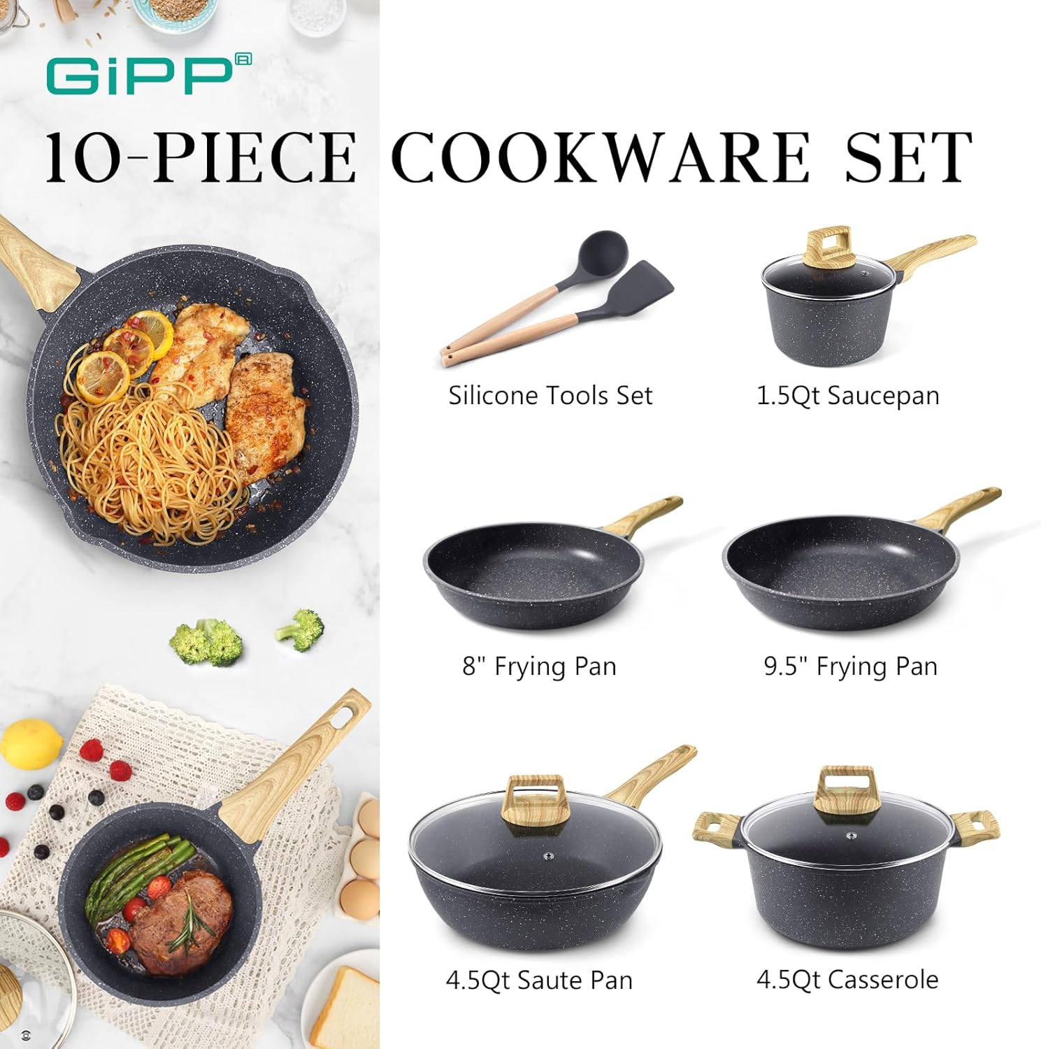 GiPP Pots and Pans Set Non Stick - 14 Pcs White Granite Kitchen Cookware Sets Nonstick Induction Cookware Cooking Pan Set with Frying Pans, Saucepans and Silicone Utensils, PFOS  PFOA Free