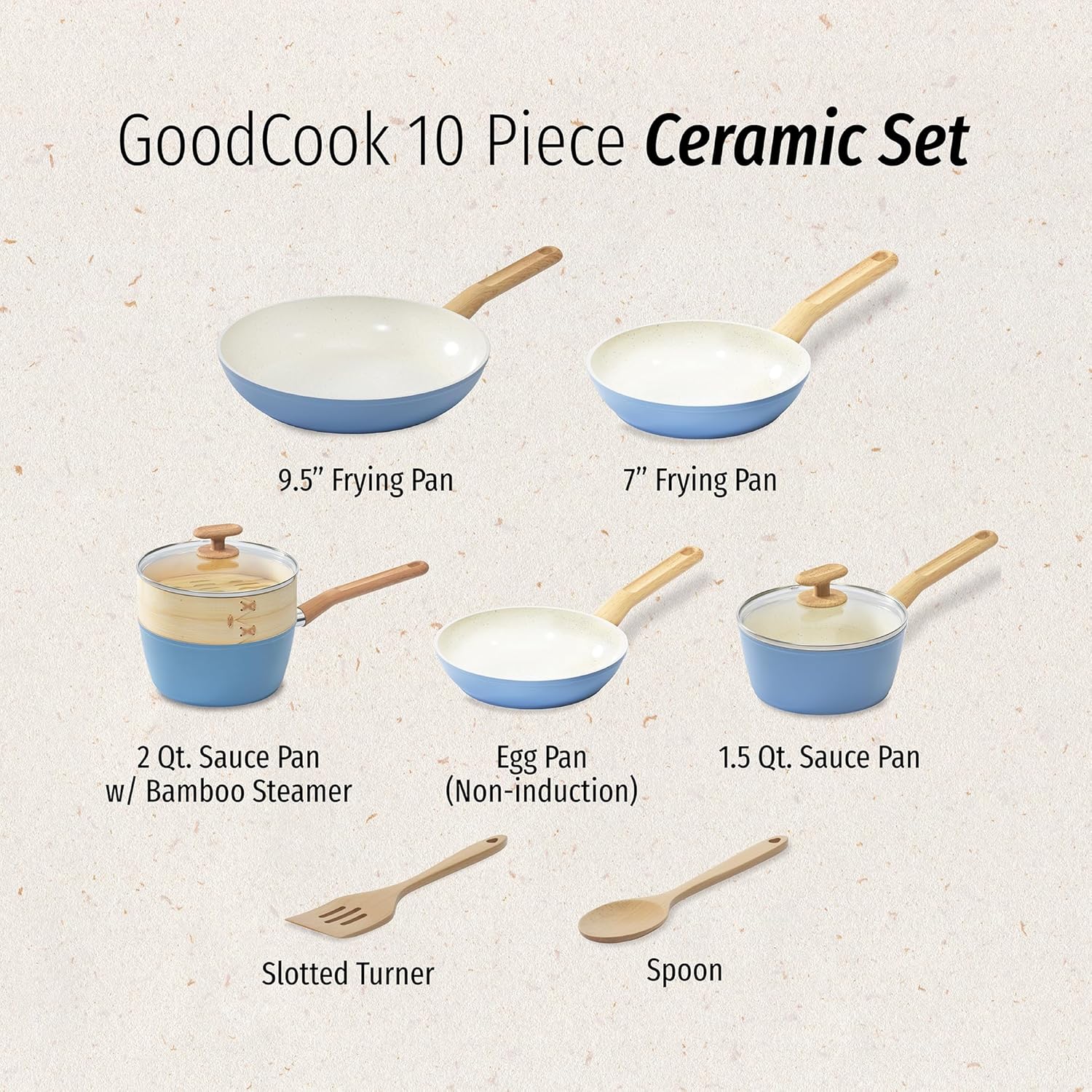 GoodCook 10-Piece Healthy Ceramic Titanium-Infused Cookware Set, Light Blue – Pots, Pans, Steamer, Spoon  Turner – Induction Cookware, Kitchen Pots  Pans Set, Nonstick Cooking Pan Set