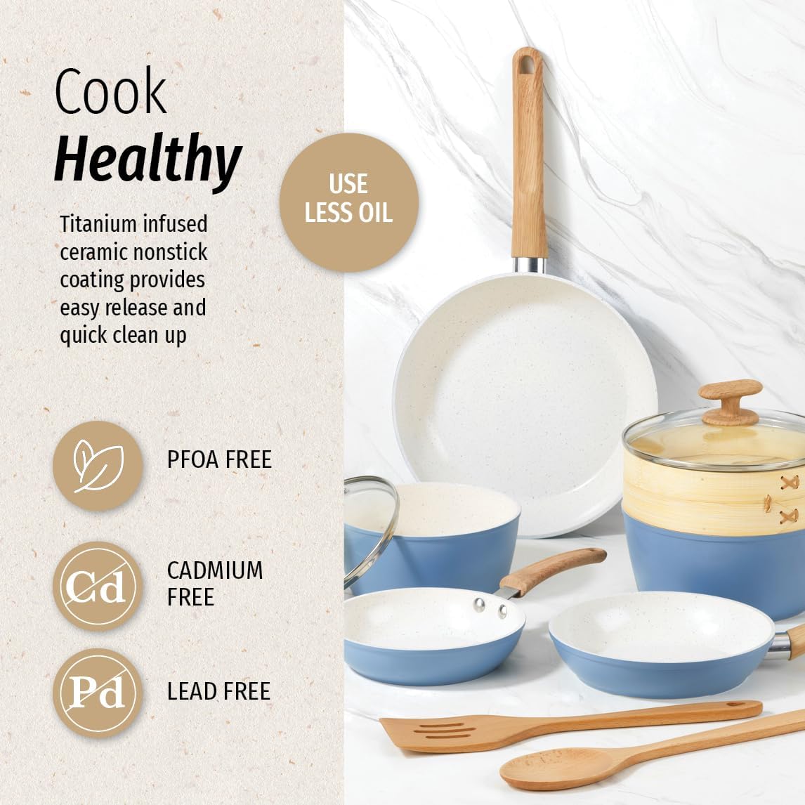 GoodCook 10-Piece Healthy Ceramic Titanium-Infused Cookware Set, Light Blue – Pots, Pans, Steamer, Spoon  Turner – Induction Cookware, Kitchen Pots  Pans Set, Nonstick Cooking Pan Set