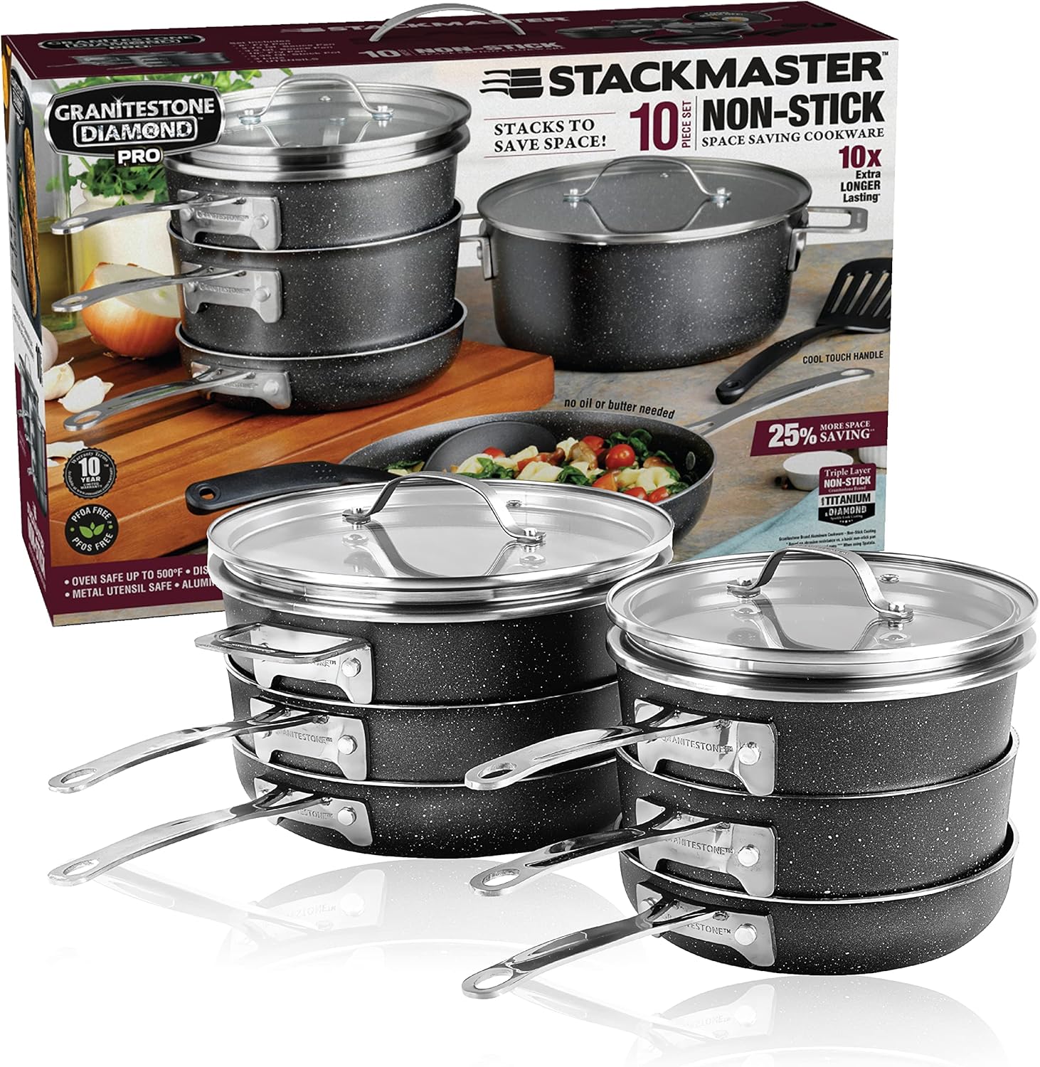 Granitestone Stackable Pots and Pans Set Nonstick, 10 Piece Space Saving Complete Kitchen Cookware Set with Ultra Nonstick Mineral  Diamond Coating, Oven  Dishwasher Safe, Healthy  Toxin Free-Black