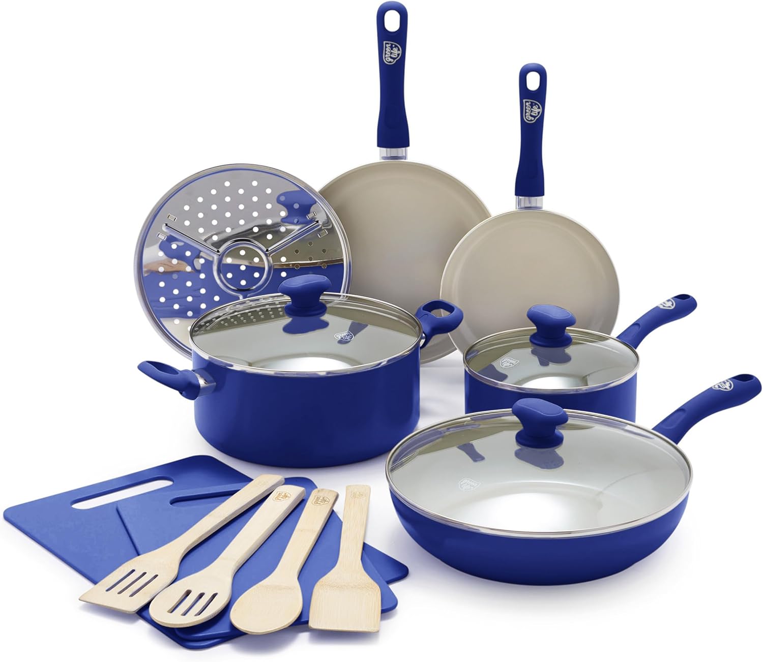 GreenLife Soft Grip Healthy Ceramic Nonstick 23 Piece Kitchen Cookware Pots and Frying Sauce Saute Pans Set with Kitchen Utensils, PFAS-Free, Dishwasher Safe, Blue