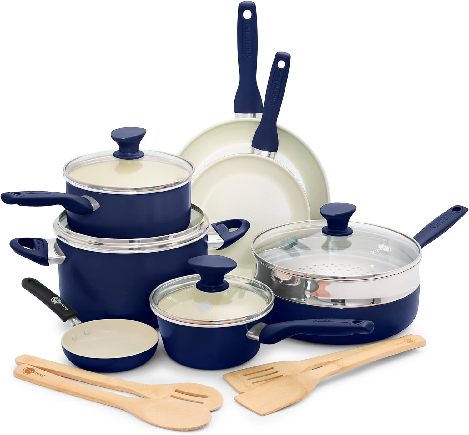 GreenPan Rio 16 Piece Cookware Set, PFOA and PFAS-Free, Healthy Ceramic Nonstick, Dishwasher Safe Easy Clean Durable Performance, Blue