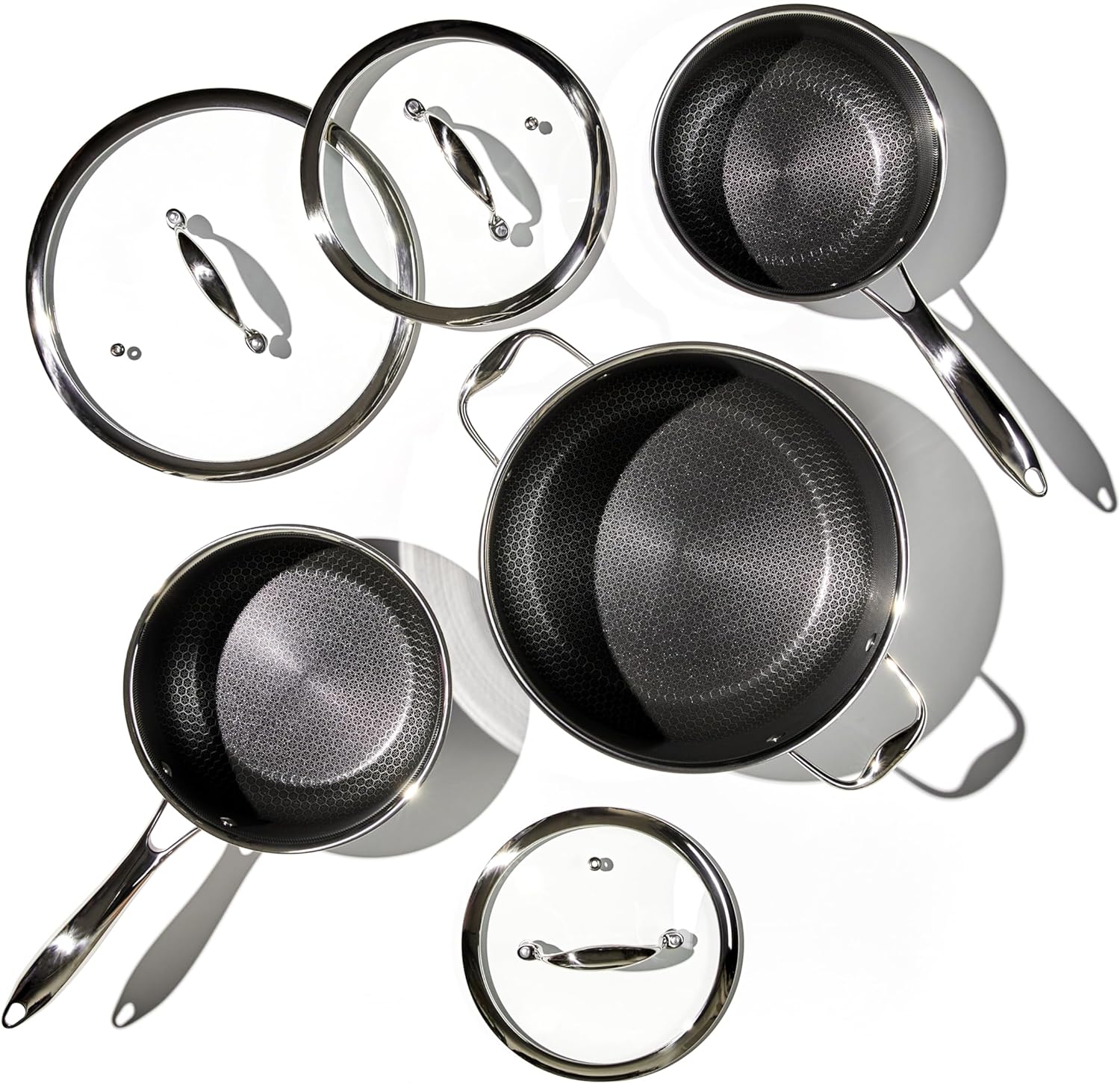 HexClad Hybrid Nonstick 6-Piece Pot Set with Trivets, 2, 3, and 8-Quart Pots with Tempered Glass Lids, 2 Silicone Trivets Included, Dishwasher Safe, Compatible with All Cooktops