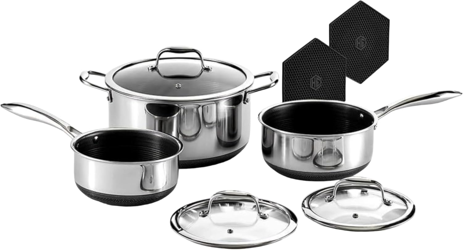 HexClad Hybrid Nonstick 6-Piece Pot Set with Trivets, 2, 3, and 8-Quart Pots with Tempered Glass Lids, 2 Silicone Trivets Included, Dishwasher Safe, Compatible with All Cooktops