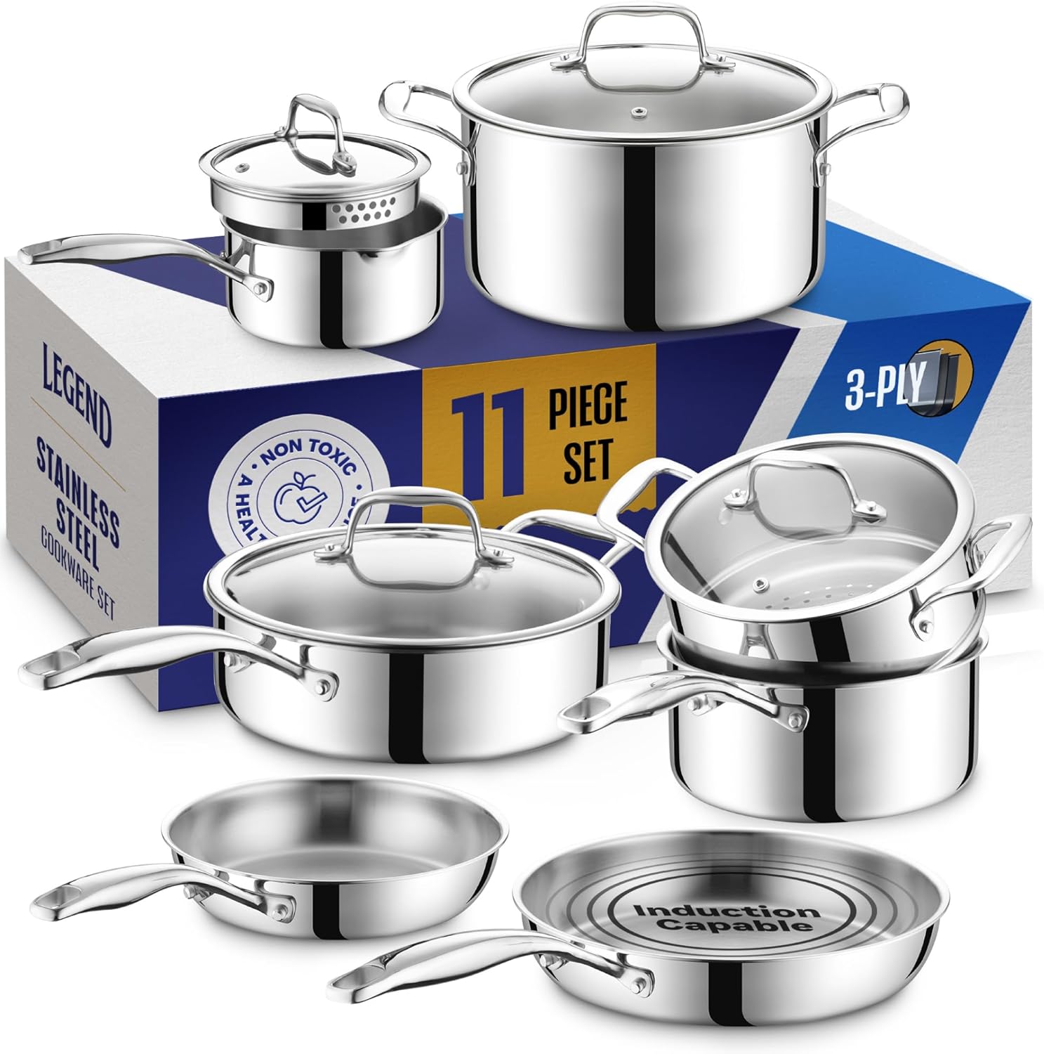 LEGEND COOKWARE 3 Ply Stainless Steel Pots and Pans Set | 11-Piece w/Glass Lids, Non-Toxic, Induction, Oven Safe | Best 18/8 Full Clad, Premium Kitchen Cooking, Chef Quality | PFOA, PTFE  PFOS Free