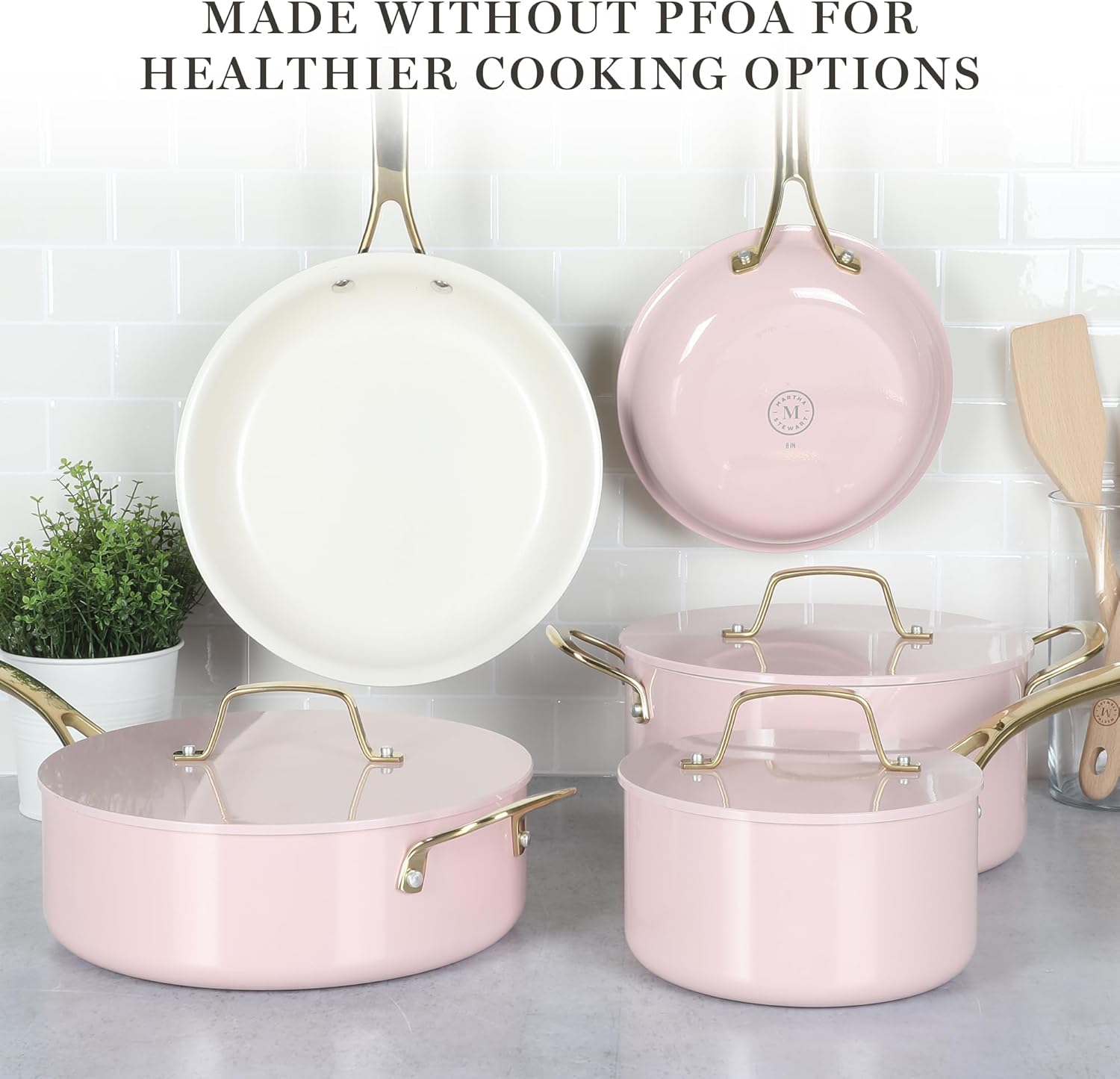 Martha Stewart Galway Premium Nonstick PFA Free Ceramic Interior 10 Piece Heavy Gauge Enamel Aluminum Pots and Pans Cookware Set W/Aluminum Lids - Linen White W/Gold Handle