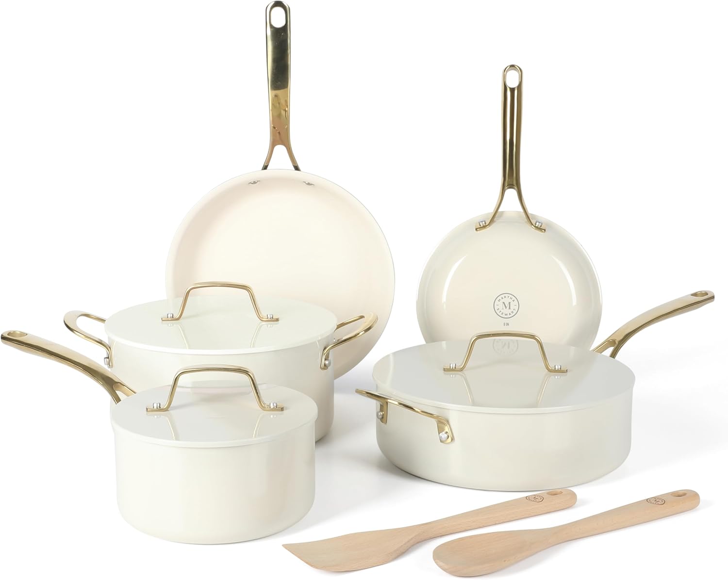 Martha Stewart Galway Premium Nonstick PFA Free Ceramic Interior 10 Piece Heavy Gauge Enamel Aluminum Pots and Pans Cookware Set W/Aluminum Lids - Linen White W/Gold Handle