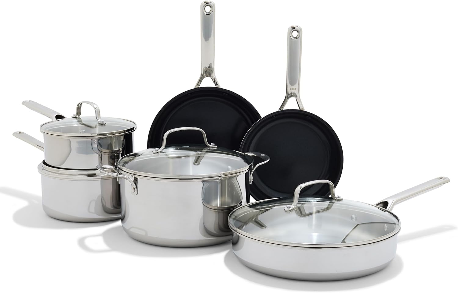 OXO Agility Tri-Ply Stainless Steel 13 Piece Kitchen Cookware Pots and Pans Set, Induction, PFAS-Free Ceramic Nonstick Coated Frypans, Saucepans, Stockpot, Quick Even Heating, Dishwasher and Oven Safe