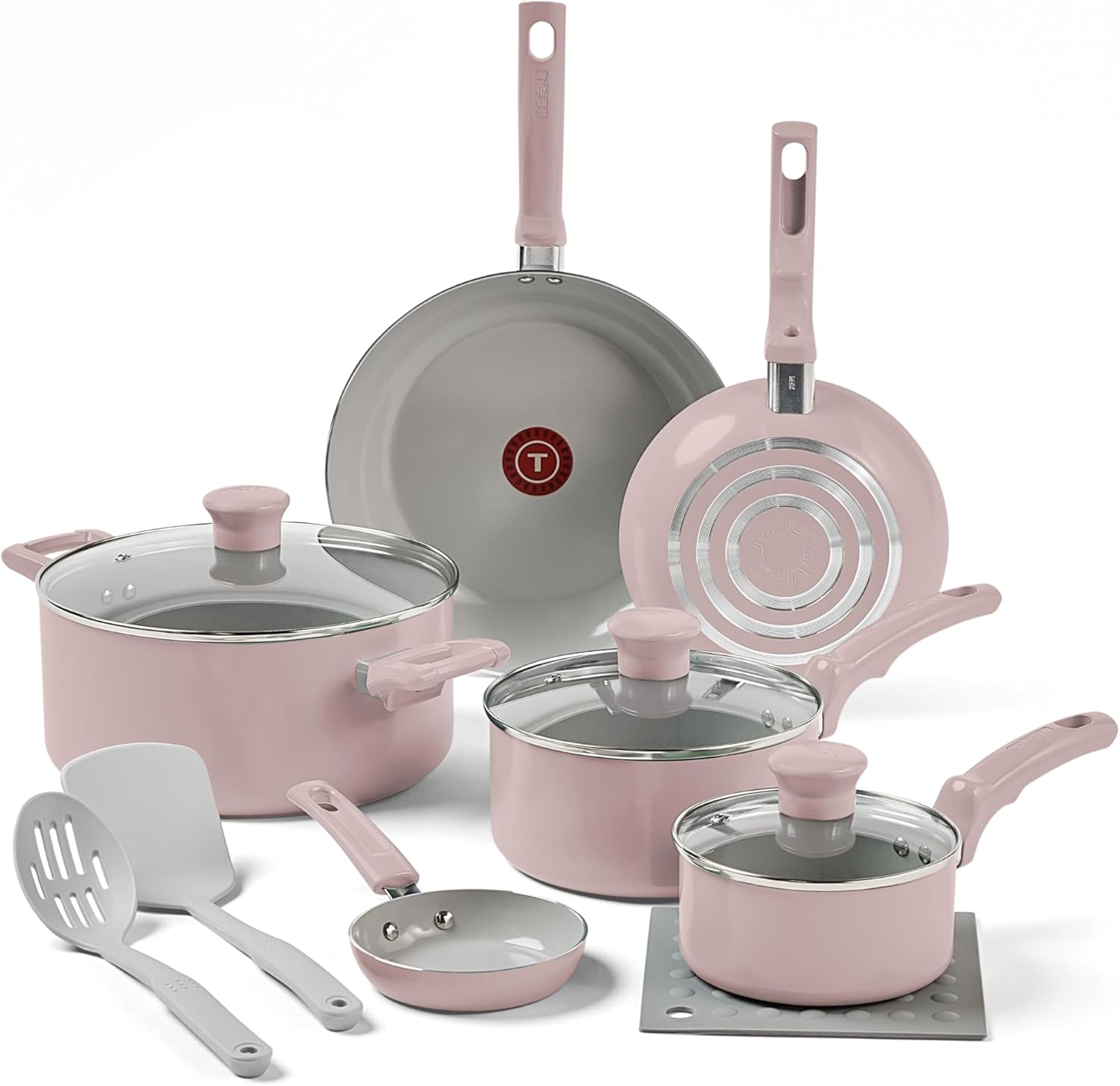 T-fal Refresh Ceramic Ceramic Non Stick Cookware Set 12 Piece, Oven Broiler Safe 350F, Cookware, Kitchen Cooking Set w/Fry Pans, Saucepans  Kitchen Utensils, Pots and Pans Set Nonstick, Moon Gray