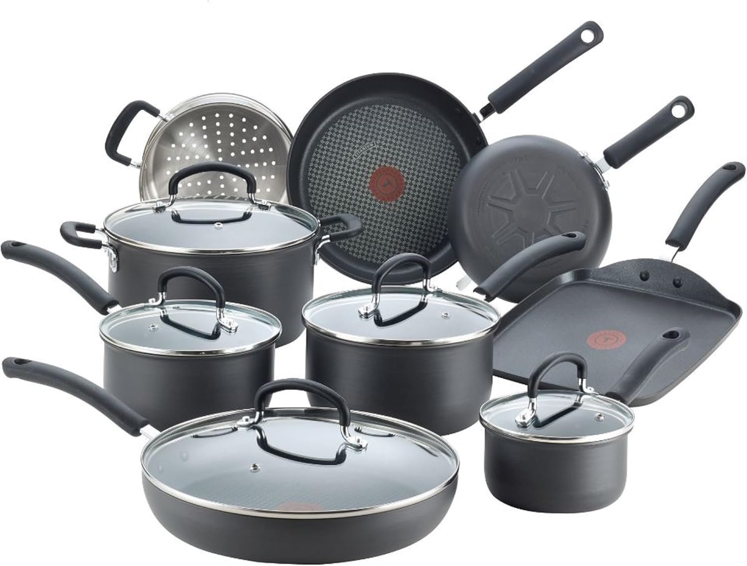 T-fal Ultimate Hard Anodized Nonstick Cookware Set 14 Piece, Oven Broiler Safe 400F, Lid Safe 350F, Kitchen Cooking Set w/ Fry Pans, Saucepans, Griddle, Dutch Oven, Pots  Pans, Dishwasher Safe, Black