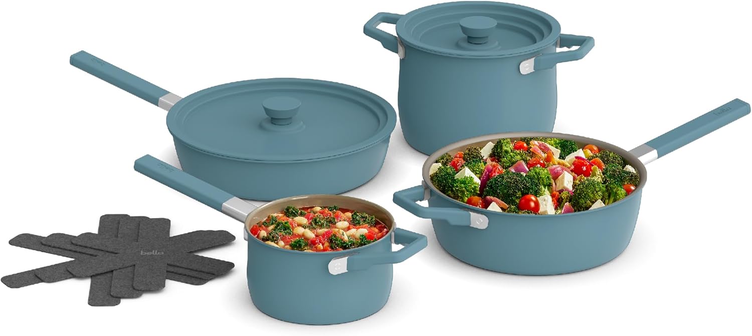 bella 9 Piece StoreMore Cookware Set, Fits-anywhere™ Kitchenware w EverGood™ Ceramic Nonstick Coating​, Dishwasher  Oven Safe, All Stovetops Compatible, Stackable Design, Cool Touch Handles, Surf