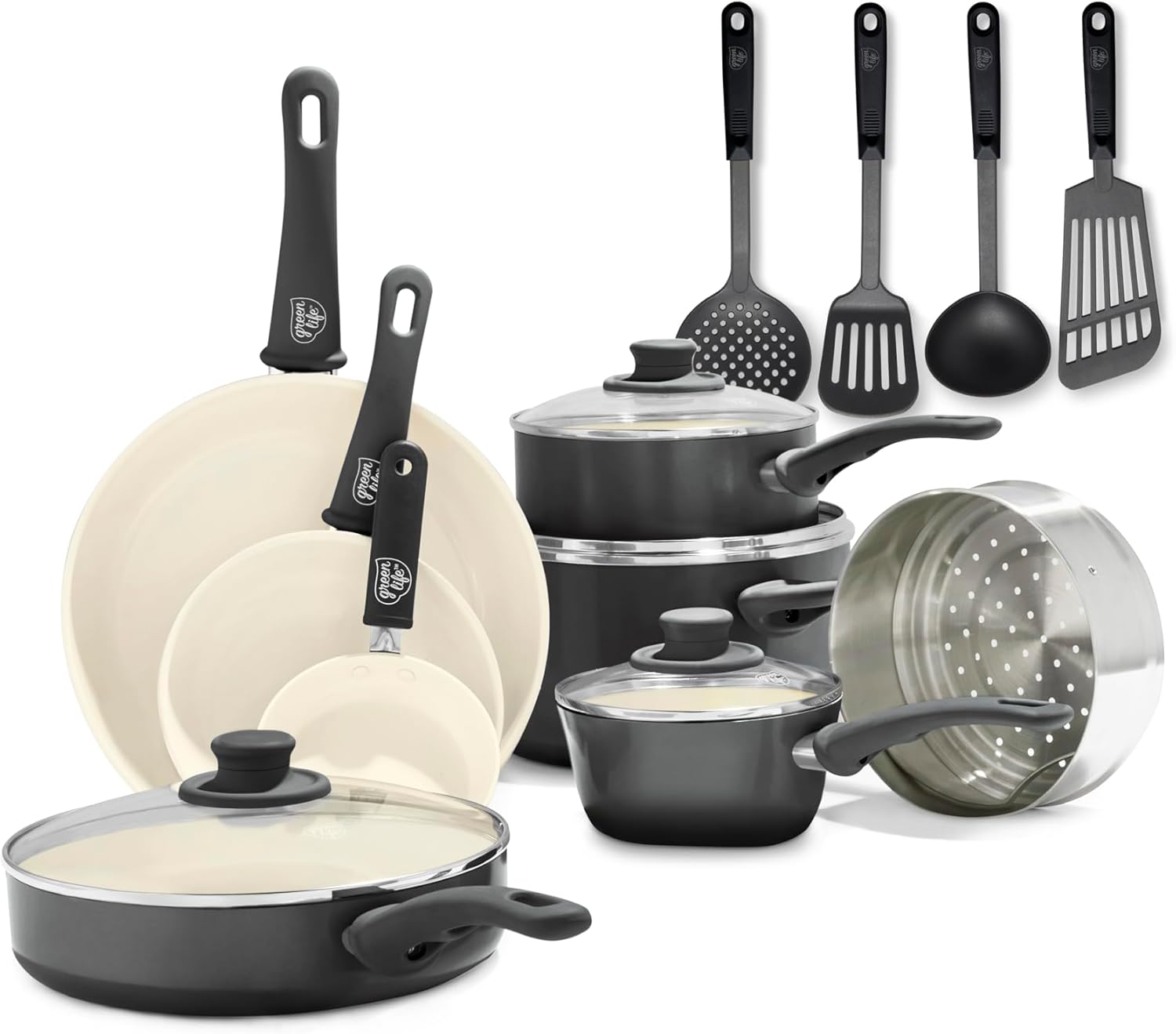 GreenLife Soft Grip 16 Piece Cookware Set, Non-Toxic PFAS-Free Ceramic Nonstick, Frying, Sauce, Saute, Utensils, Glass Lids, Stay-Cool Handles, Wobble Free, Dishwasher  Oven Safe, Black and Cream