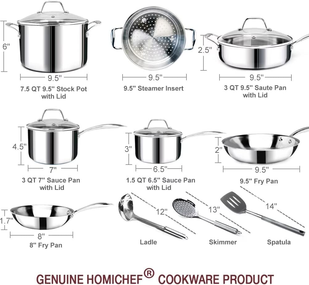 HOMICHEF 14-Piece Nickel Free Stainless Steel Cookware Set Whole-Clad 3-Ply - Mirror Polished Pots And Pans Set - Healthy Cookware Set With Steamer - Non-Toxic Induction Cookware Sets