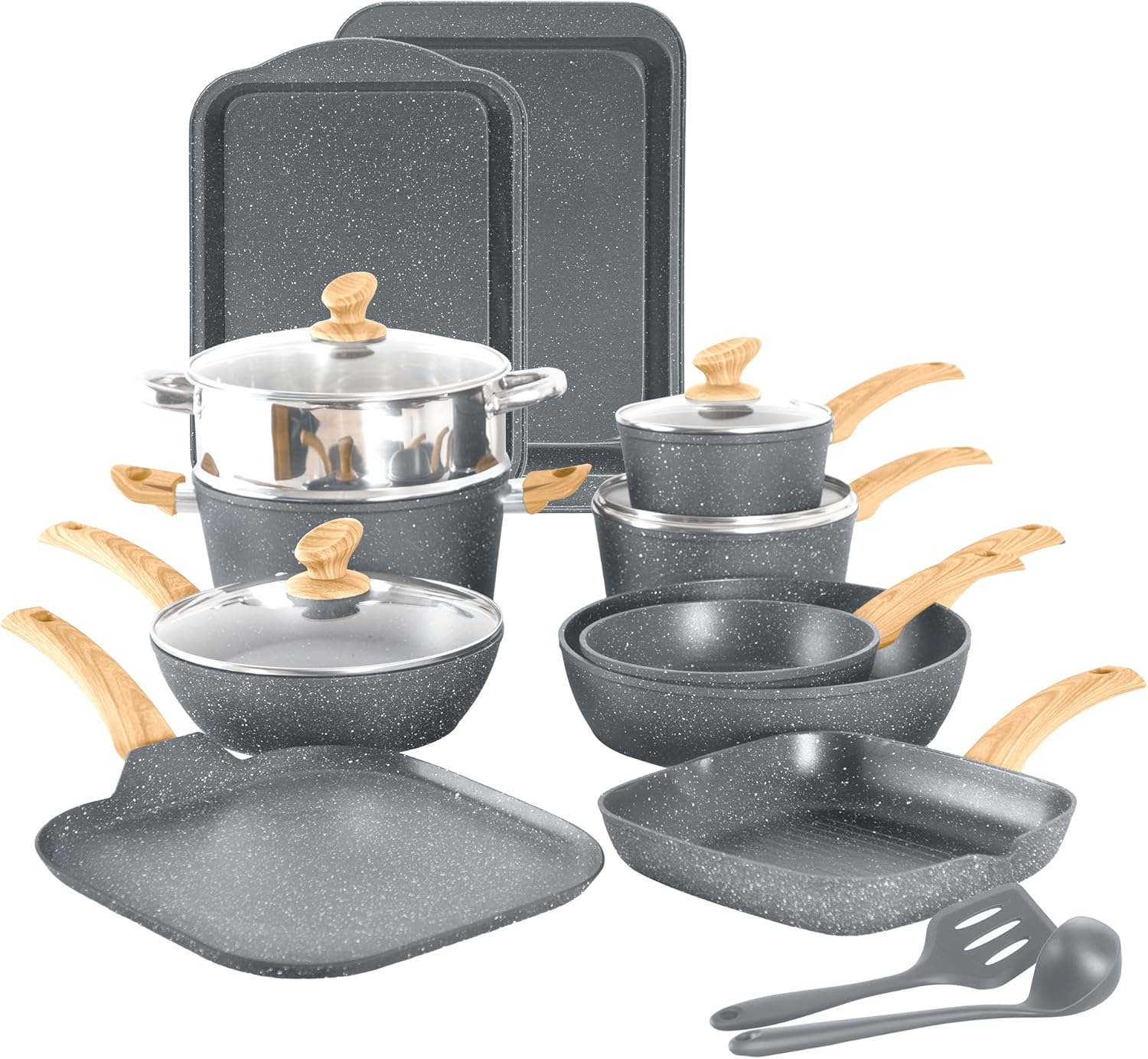 17 Piece Pots and Pans Set Non Stick, Granite Nonstick Cookware Set, Induction Cookware and Bakeware Set, Nonstick Kitchen Cookware Set, Gray