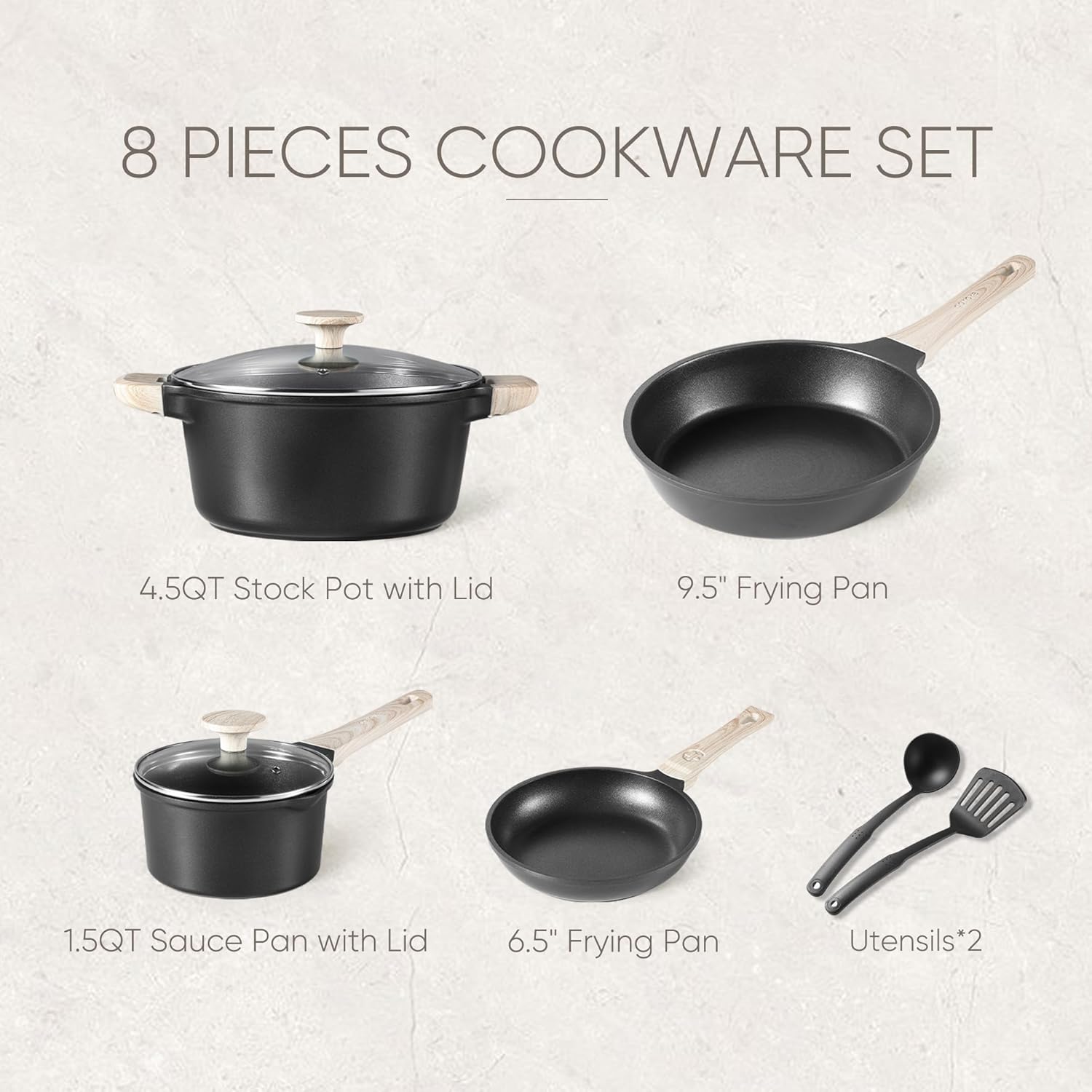 CAROTE 8pcs Pots and Pans Set Non Stick, Black Nonstick Cookware Set, Kitchen Pot and Pan Set with Lids, Frying Pan